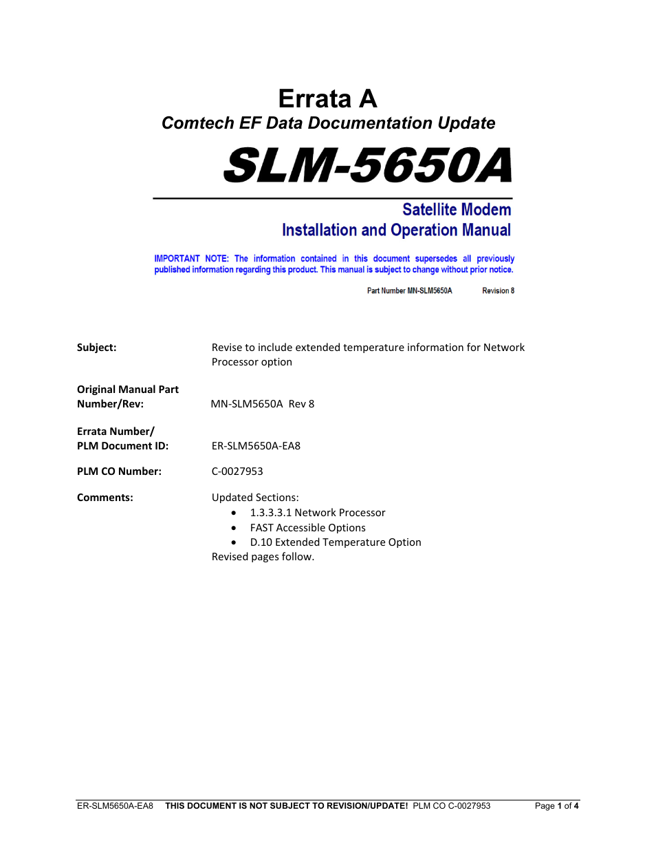 Errata a, Comtech ef data documentation update | Comtech EF Data SLM-5650A User Manual | Page 3 / 420