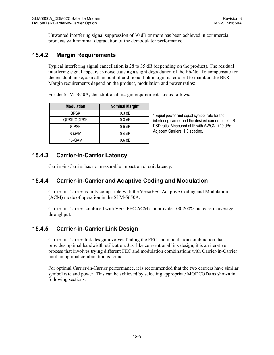 2 margin requirements, 3 carrier-in-carrier latency, 5 carrier-in-carrier link design | Comtech EF Data SLM-5650A User Manual | Page 307 / 420