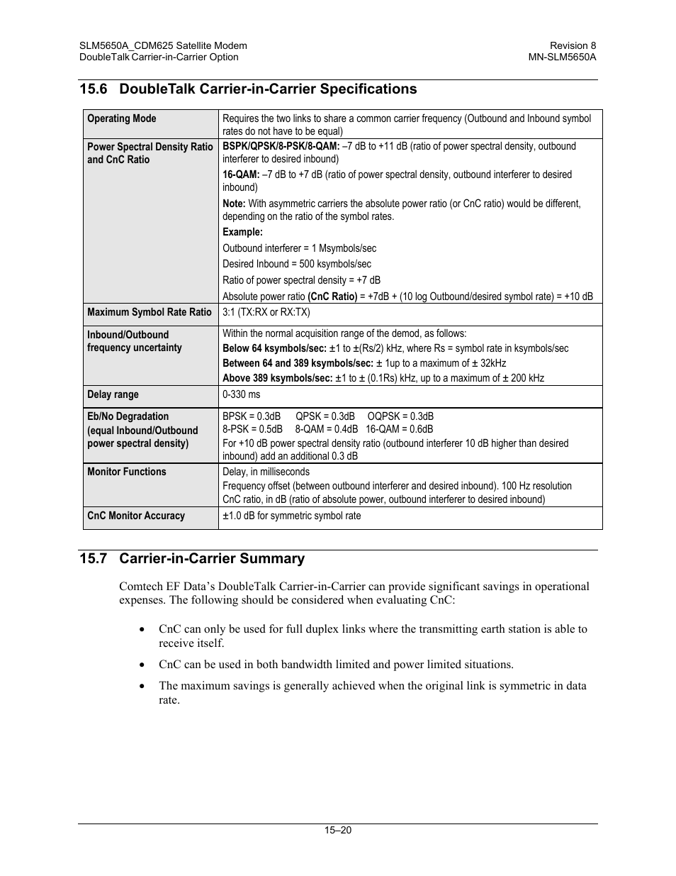 6 doubletalk carrier-in-carrier specifications, 7 carrier-in-carrier summary | Comtech EF Data SLM-5650A User Manual | Page 318 / 420