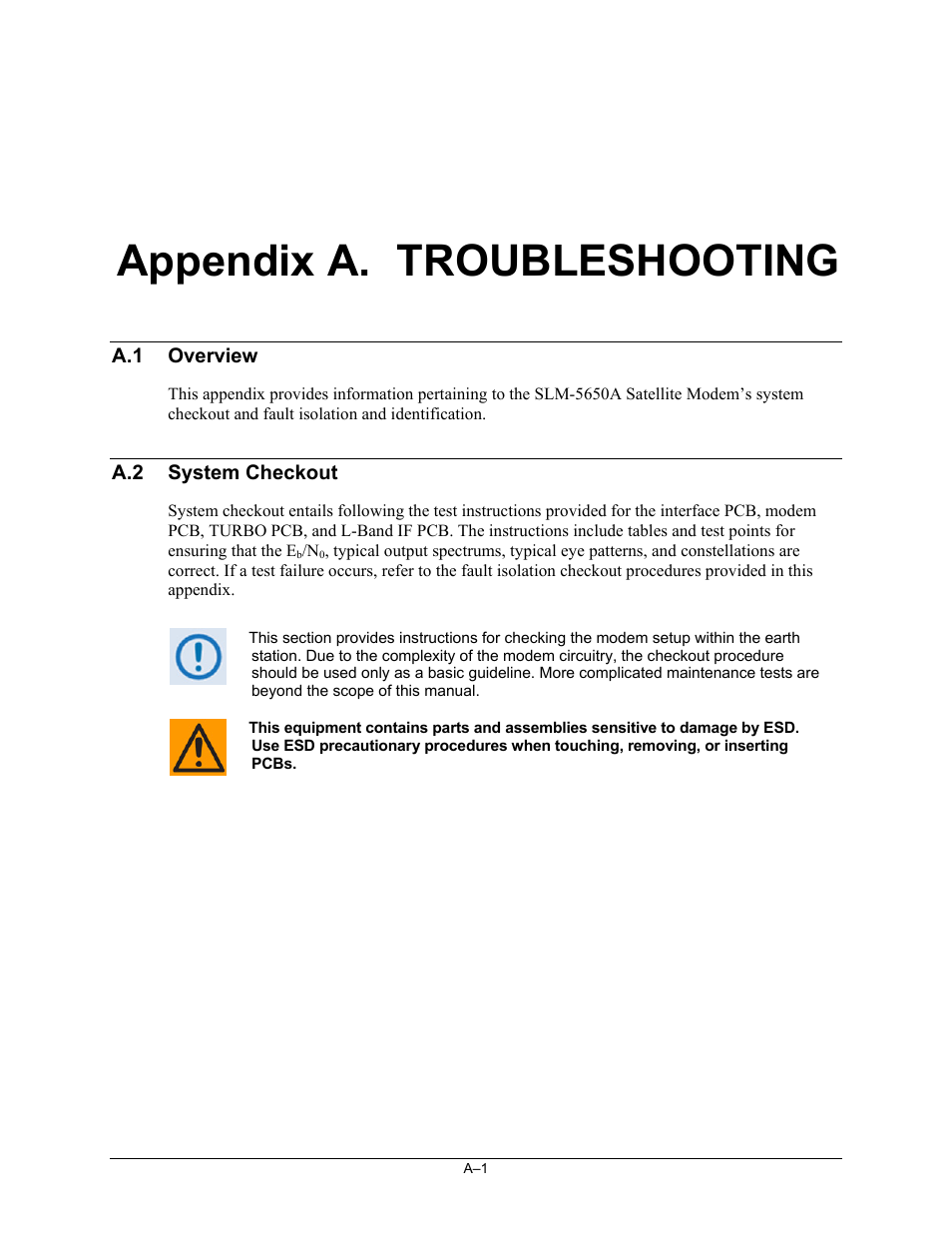 App_a_troubleshoot, Appendix a. troubleshooting, A.1 overview | A.2 system checkout | Comtech EF Data SLM-5650A User Manual | Page 323 / 420