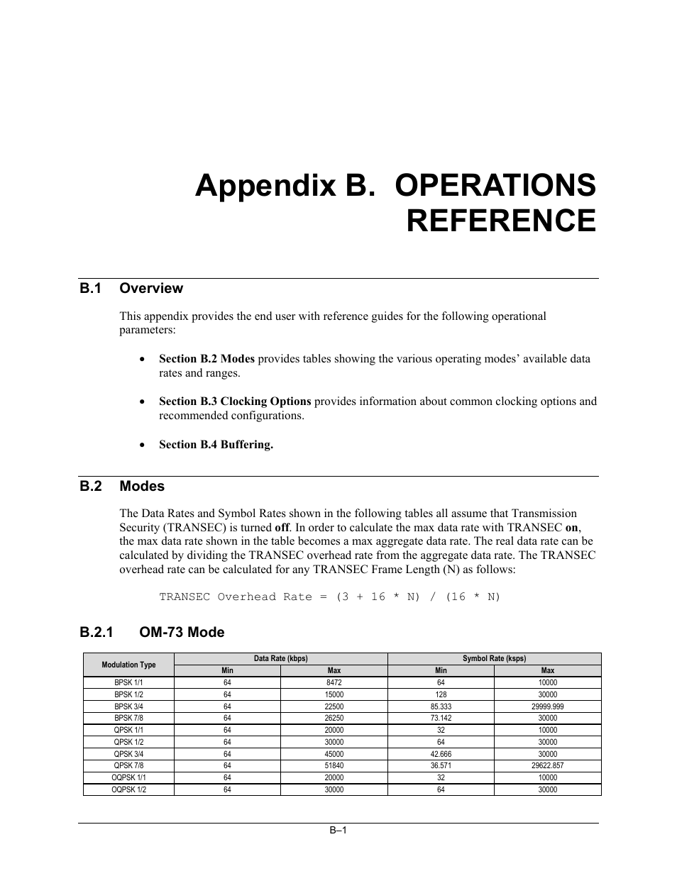 App_b_opsref, Appendix b. operations reference, B.1 overview | B.2 modes, B.2.1 om-73 mode | Comtech EF Data SLM-5650A User Manual | Page 335 / 420