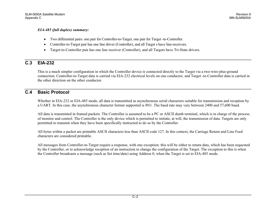 C.3 eia-232, C.4 basic protocol | Comtech EF Data SLM-5650A User Manual | Page 354 / 420