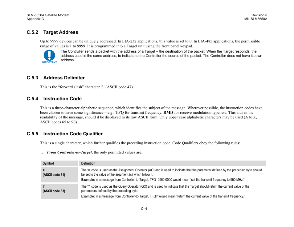 C.5.2 target address, C.5.3 address delimiter, C.5.4 instruction code | C.5.5 instruction code qualifier | Comtech EF Data SLM-5650A User Manual | Page 356 / 420