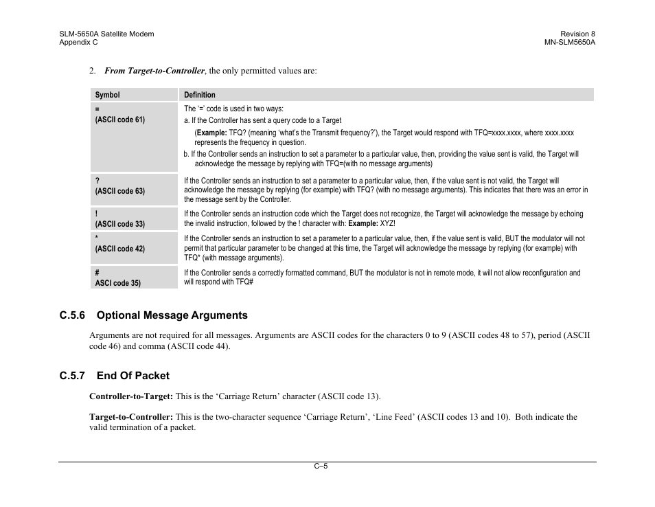 C.5.6 optional message arguments, C.5.7 end of packet | Comtech EF Data SLM-5650A User Manual | Page 357 / 420