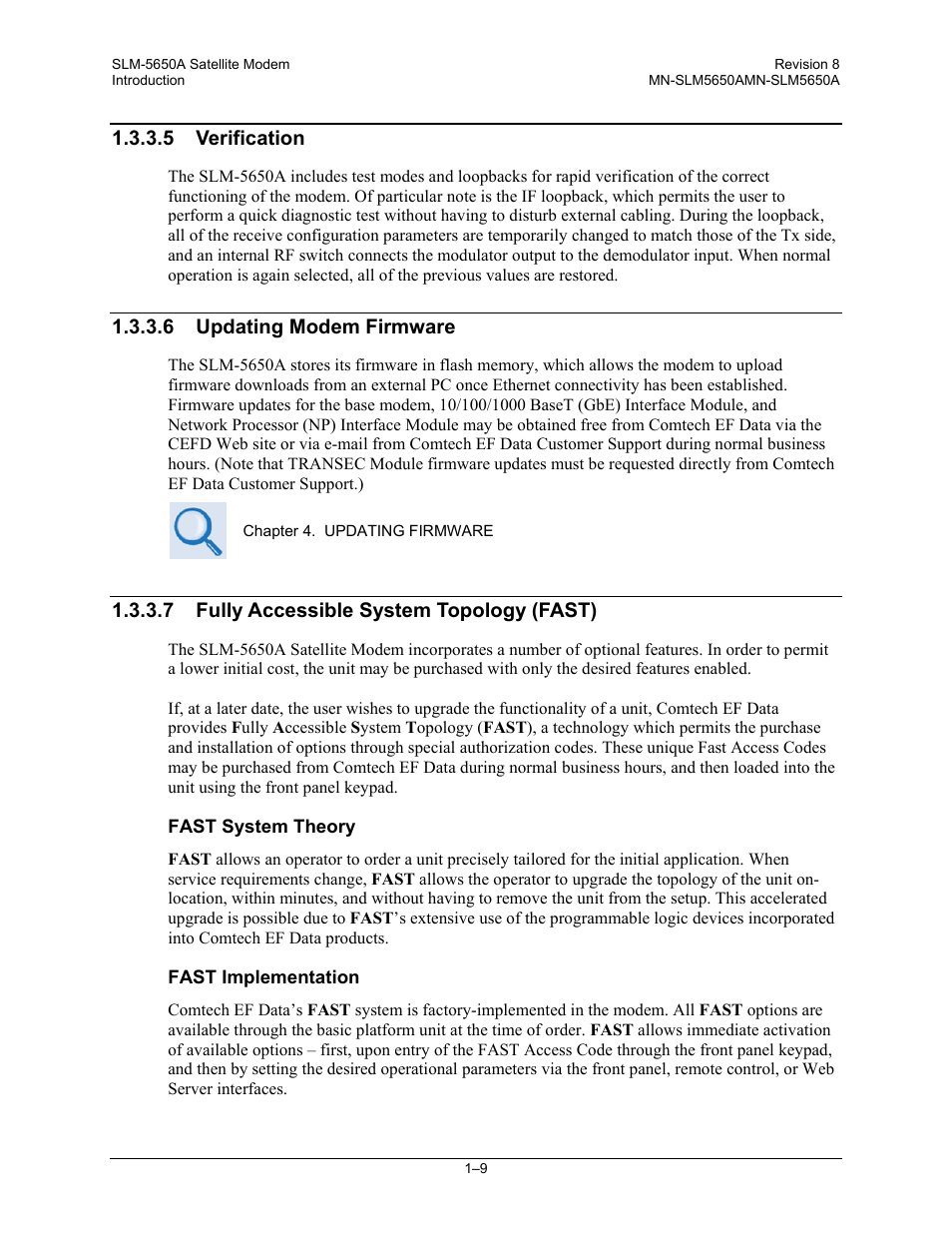 5 verification, 6 updating modem firmware, 7 fully accessible system topology (fast) | Comtech EF Data SLM-5650A User Manual | Page 37 / 420