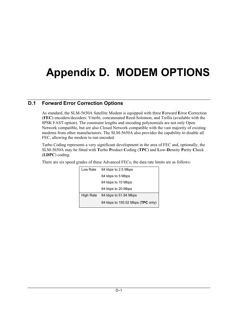 App_d_options, Appendix d. modem options | Comtech EF Data SLM-5650A User Manual | Page 395 / 420