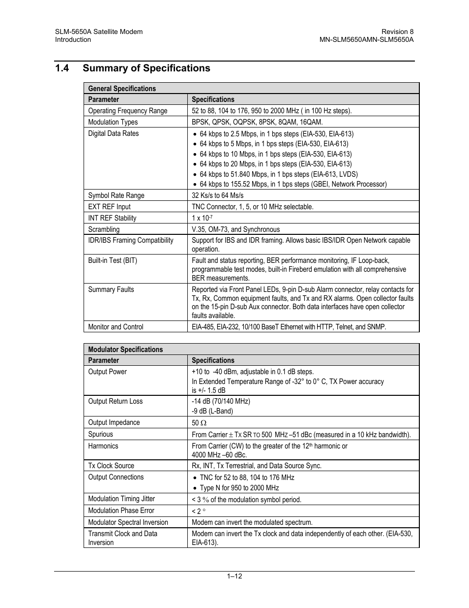 4 summary of specifications | Comtech EF Data SLM-5650A User Manual | Page 40 / 420