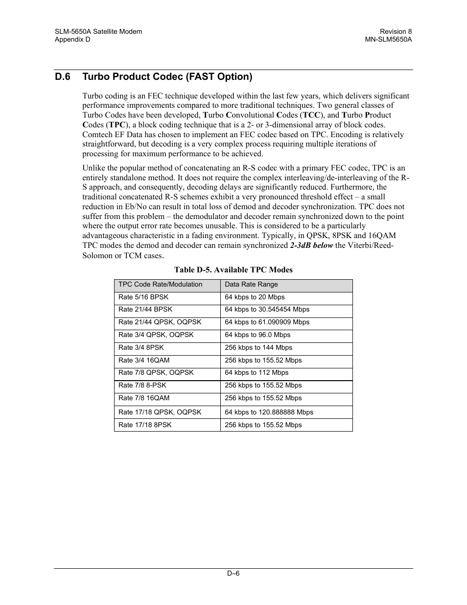 D.6 turbo product codec (fast option) | Comtech EF Data SLM-5650A User Manual | Page 400 / 420