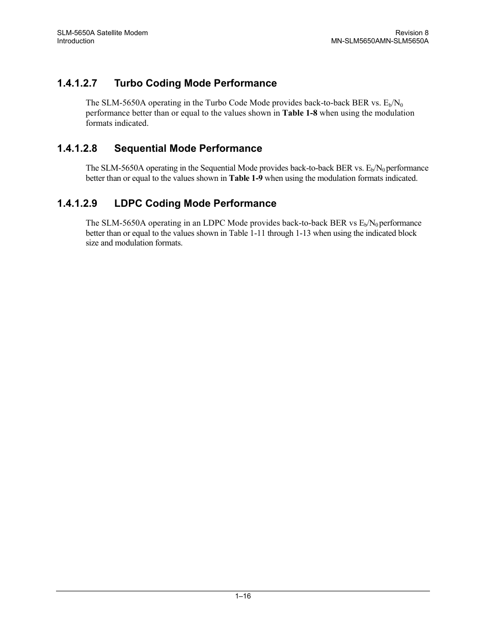 7 turbo coding mode performance, 8 sequential mode performance, 9 ldpc coding mode performance | Comtech EF Data SLM-5650A User Manual | Page 44 / 420