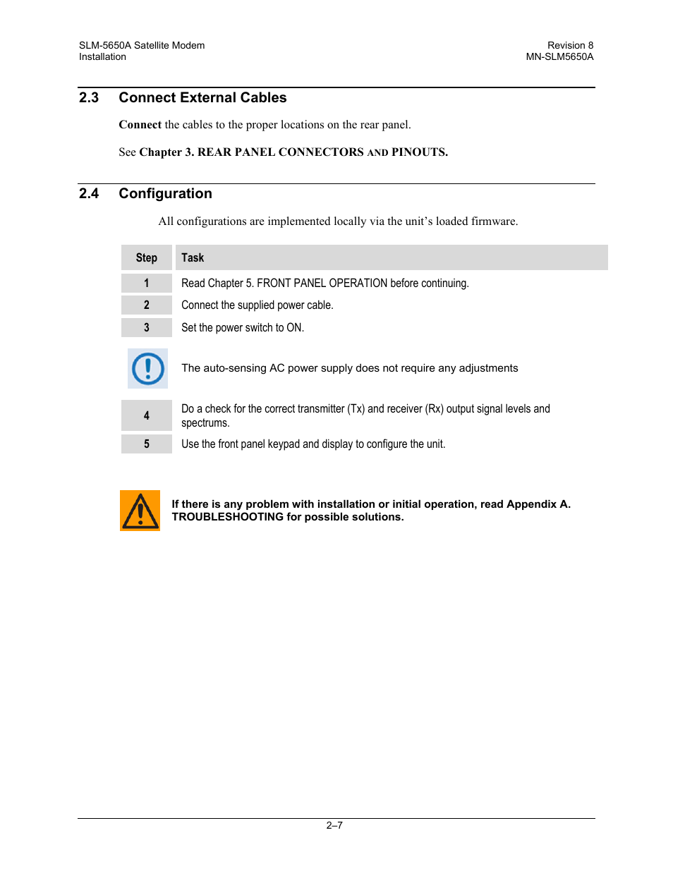 3 connect external cables, 4 configuration | Comtech EF Data SLM-5650A User Manual | Page 57 / 420
