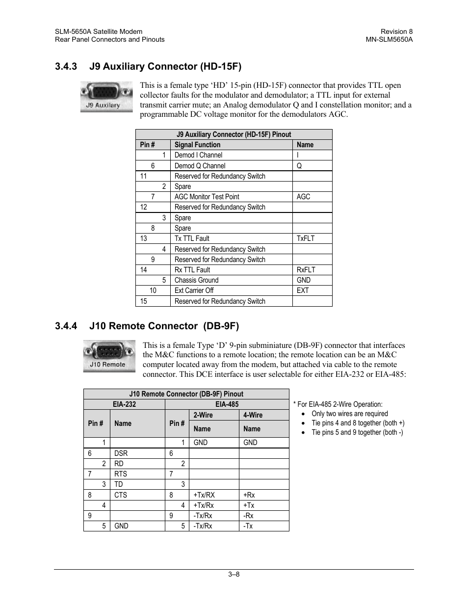 3 j9 auxiliary connector (hd-15f), 4 j10 remote connector (db-9f) | Comtech EF Data SLM-5650A User Manual | Page 66 / 420
