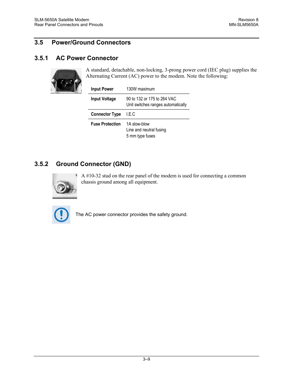 5 power/ground connectors 3.5.1 ac power connector, 2 ground connector (gnd) | Comtech EF Data SLM-5650A User Manual | Page 67 / 420