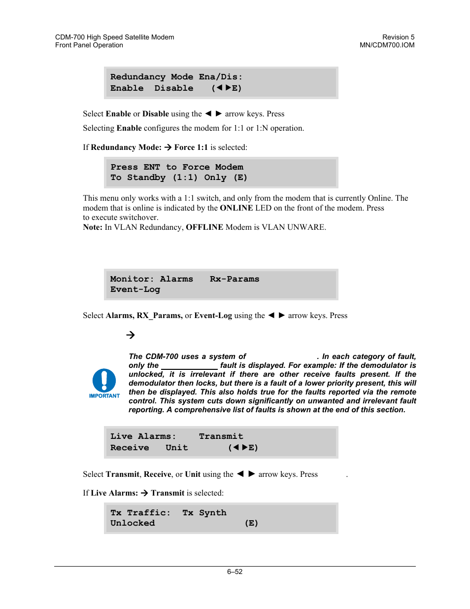 2 (select:) monitor, Monitor: æ alarms | Comtech EF Data CDM-700 User Manual | Page 106 / 256