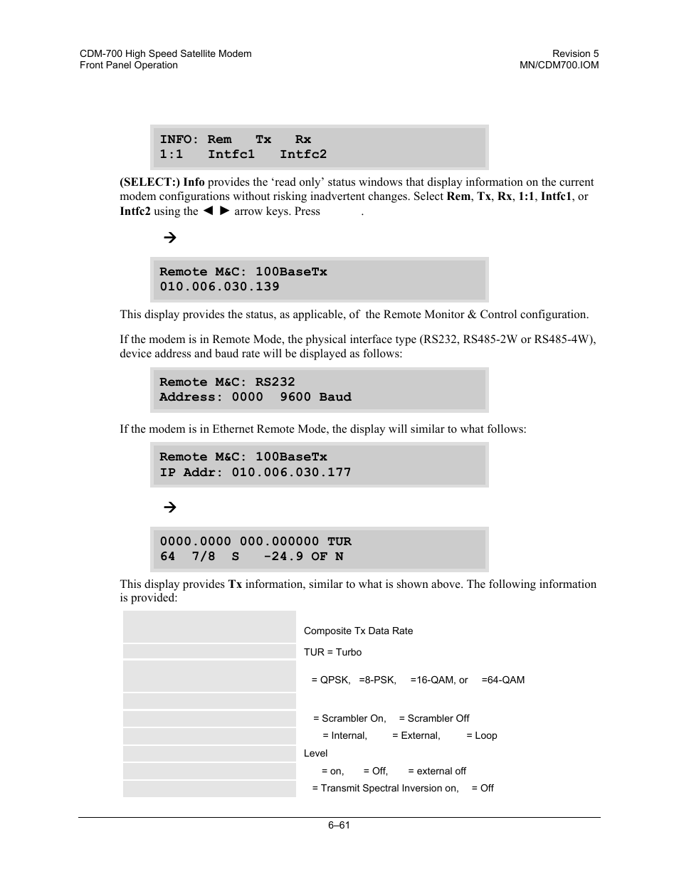 4 (select:) info, Info: æ rem, Info: æ tx | Comtech EF Data CDM-700 User Manual | Page 115 / 256