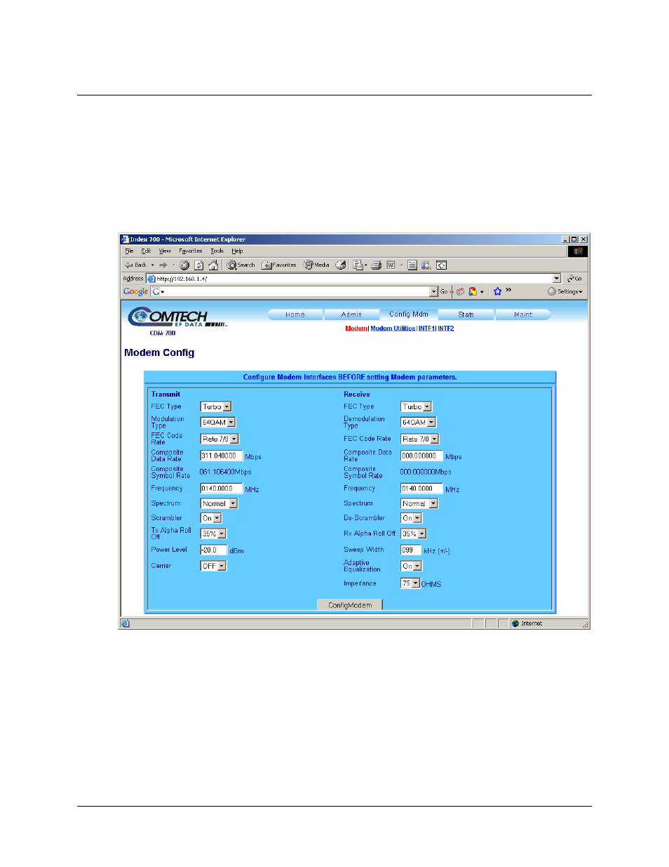 5 config mdm (modem configuration) pages, 1 config mdm: modem page | Comtech EF Data CDM-700 User Manual | Page 214 / 256