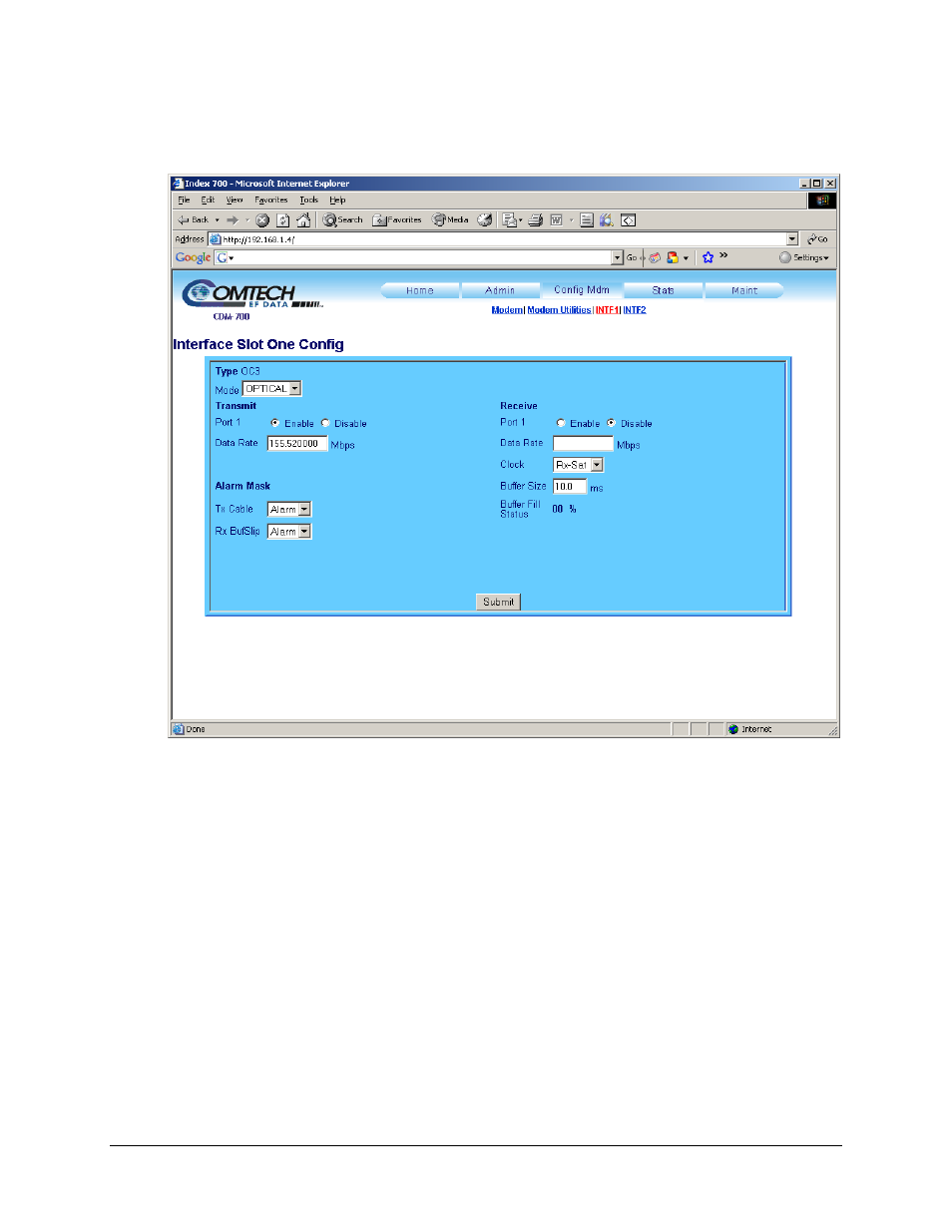 2 config mdm: intf1 – oc3 (optical) page | Comtech EF Data CDM-700 User Manual | Page 218 / 256