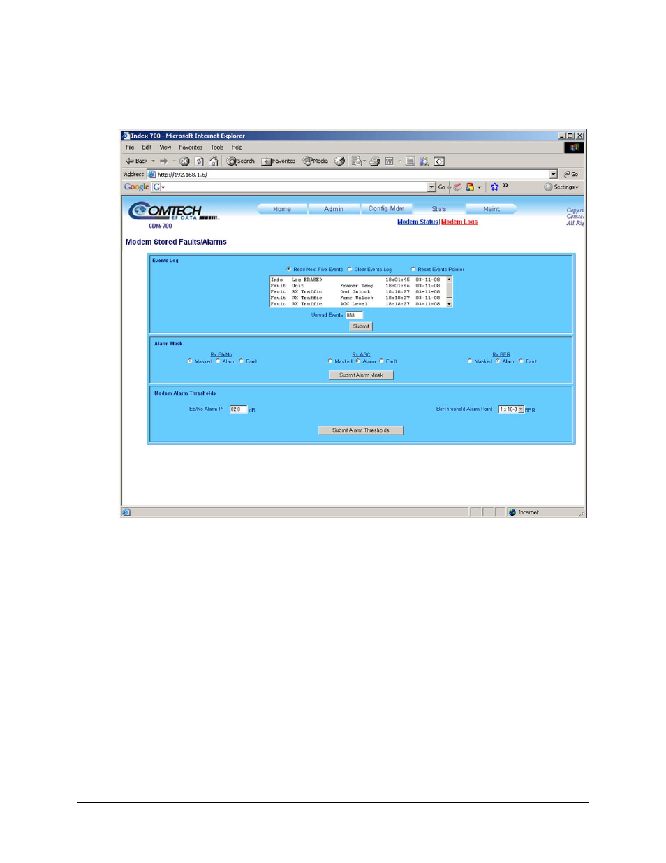2 stats: modem logs page | Comtech EF Data CDM-700 User Manual | Page 225 / 256