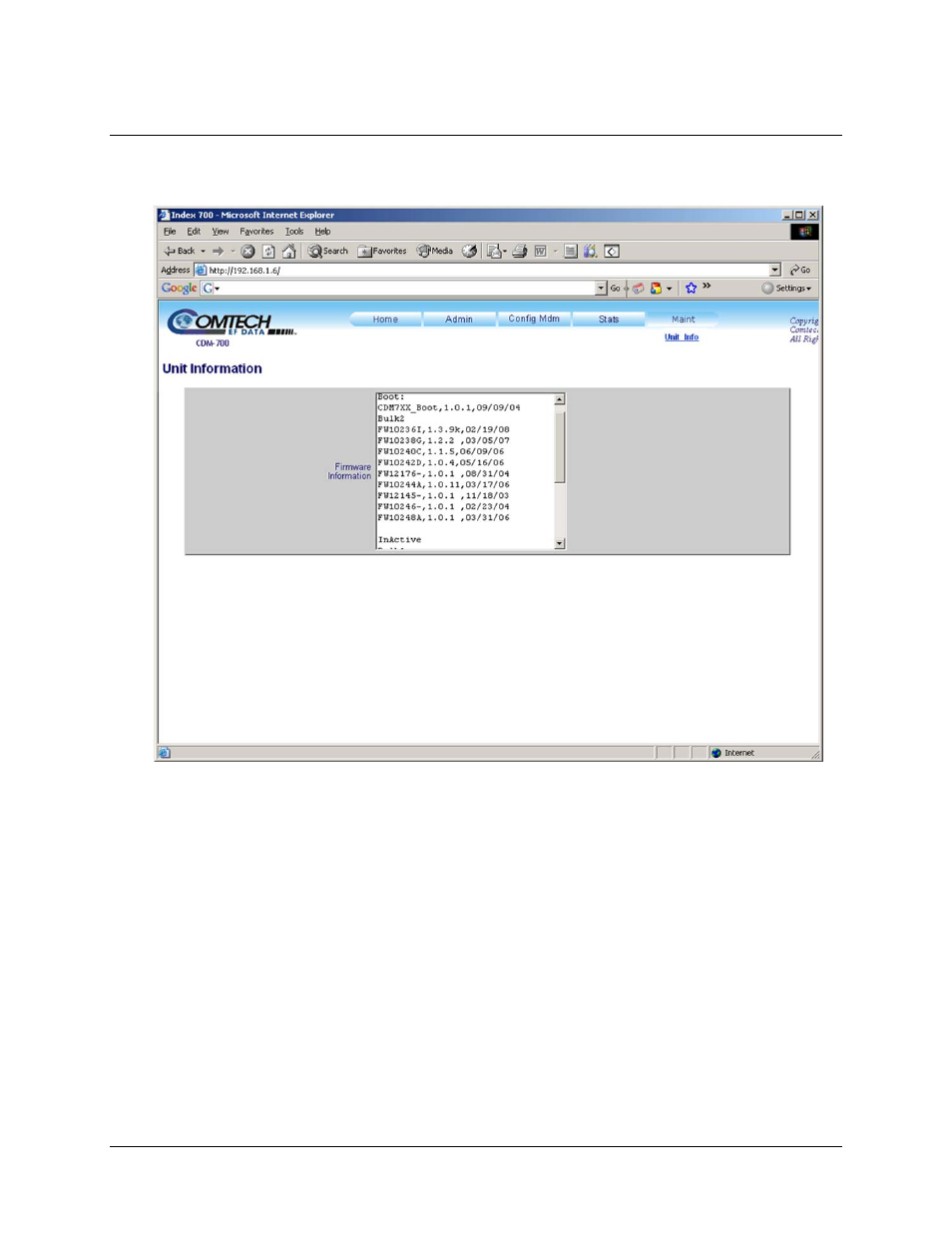 7 maint (maintenance) page: unit information | Comtech EF Data CDM-700 User Manual | Page 226 / 256