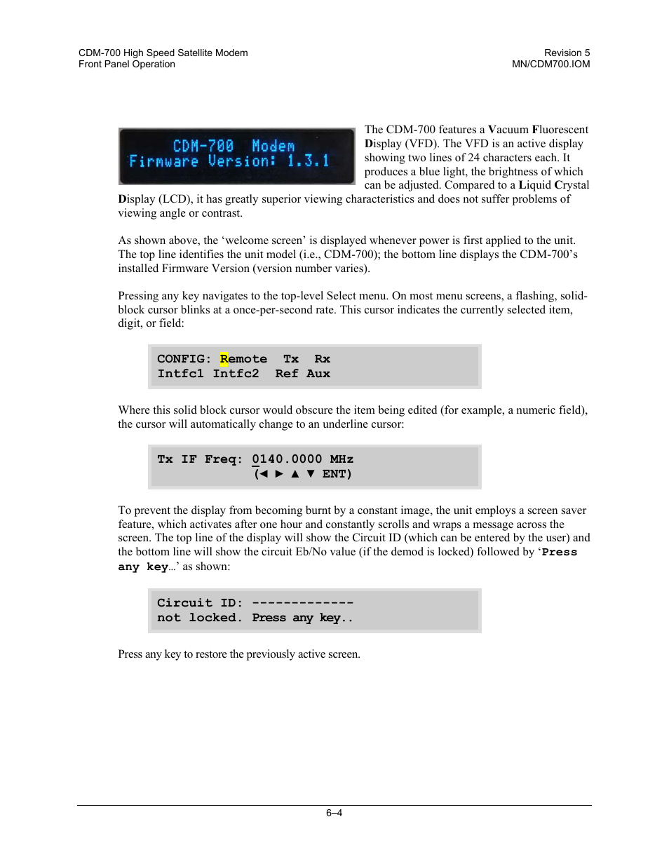 3 front panel vacuum flourescent display (vfd) | Comtech EF Data CDM-700 User Manual | Page 58 / 256