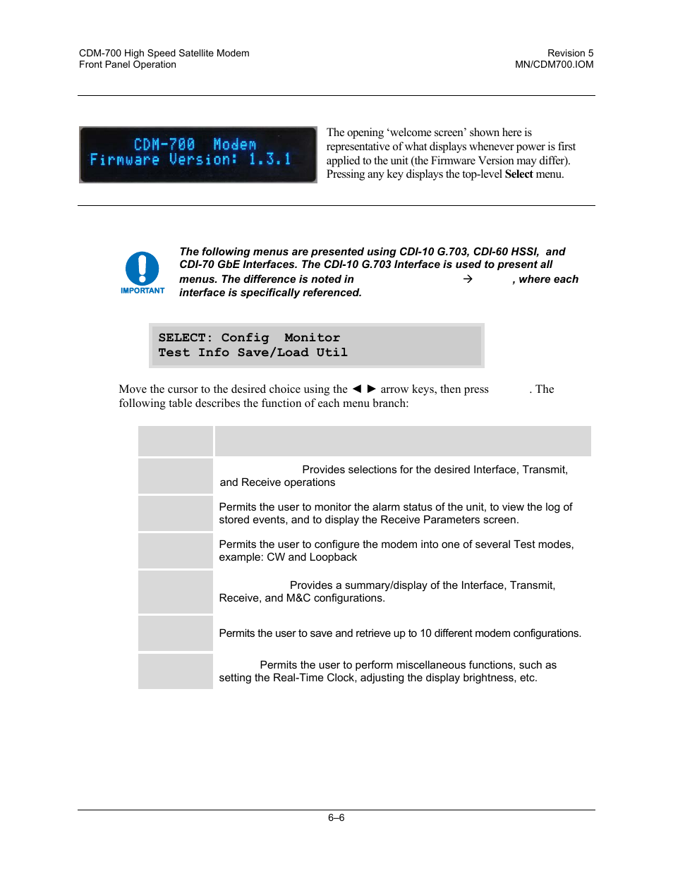 2 opening screen, 3 select: (main) menu | Comtech EF Data CDM-700 User Manual | Page 60 / 256
