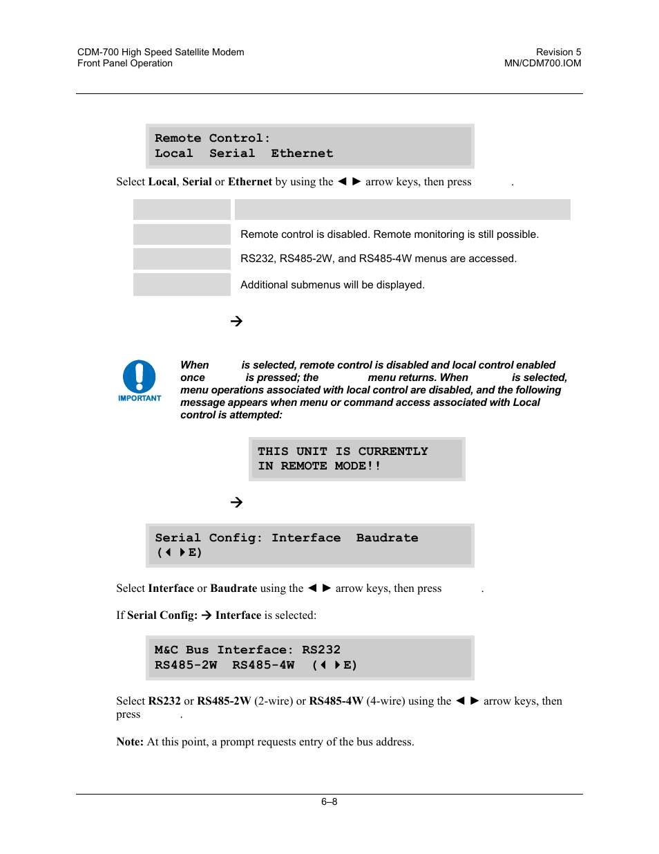 1 (config:) remote, Remote control: æ local, Remote control: æ serial | Comtech EF Data CDM-700 User Manual | Page 62 / 256