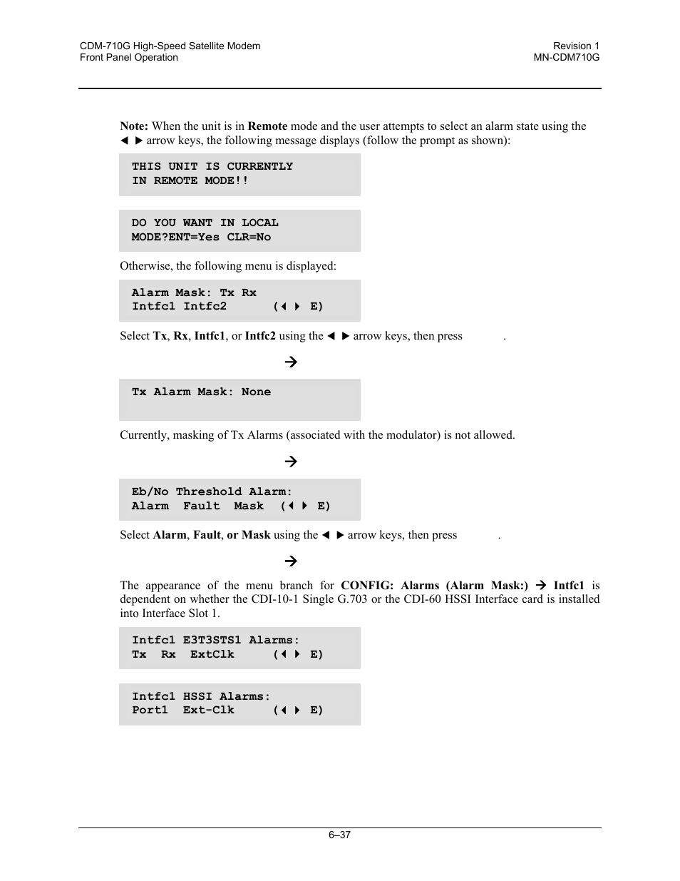 9 config: alarms, Config:) alarm mask: ( tx, Config:) alarm mask: ( rx | Config:) alarm mask: ( intfc1, 9 (config:) | Comtech EF Data CDM-710G User Manual | Page 113 / 246