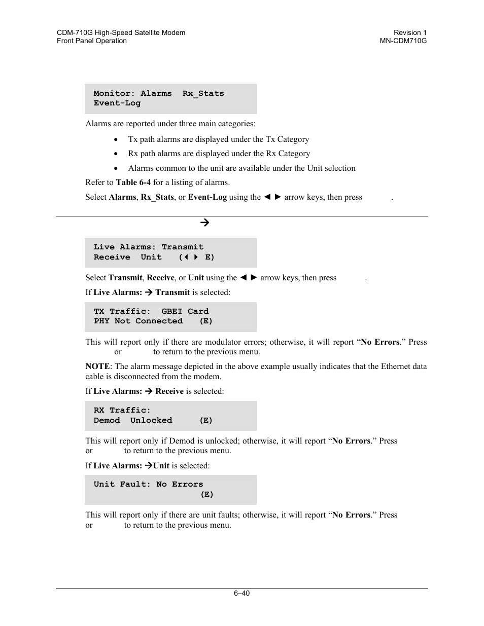 2 select: monitor, 1 (select:) monitor ( alarms, 2 monitor | 1 (monitor:), 1 (select:) monitor æ alarms | Comtech EF Data CDM-710G User Manual | Page 116 / 246