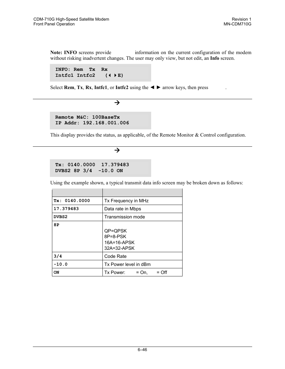 4 select: info, 1 (select:) info ( rem, 2 (select:) info ( tx | 4 info, 1 (select:) info æ rem, 2 (select:) info æ tx | Comtech EF Data CDM-710G User Manual | Page 122 / 246