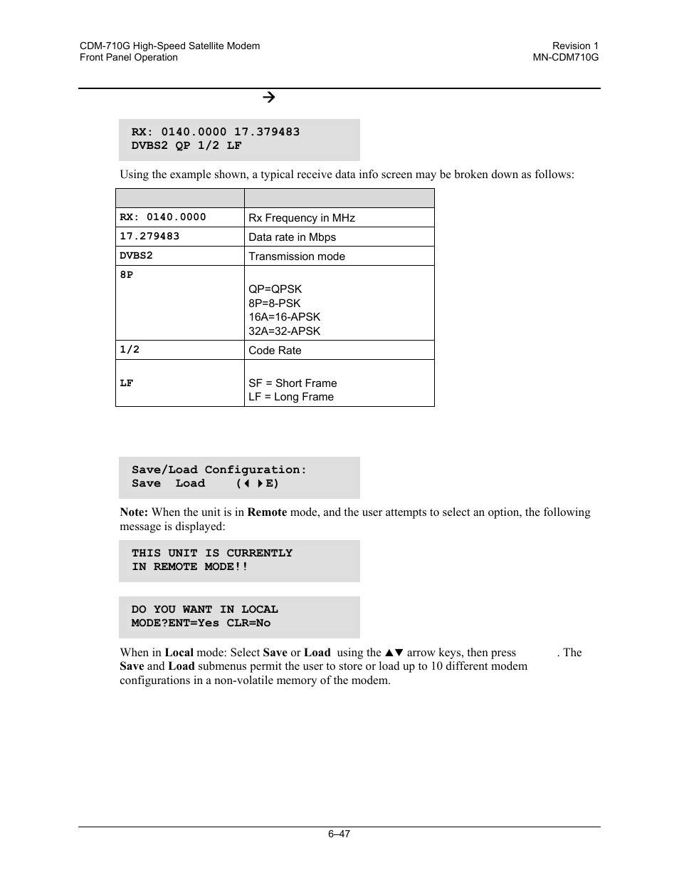 3 (select:) info ( rx, 5 select: save/load, 5 sa | 3 (select:) info æ rx | Comtech EF Data CDM-710G User Manual | Page 123 / 246