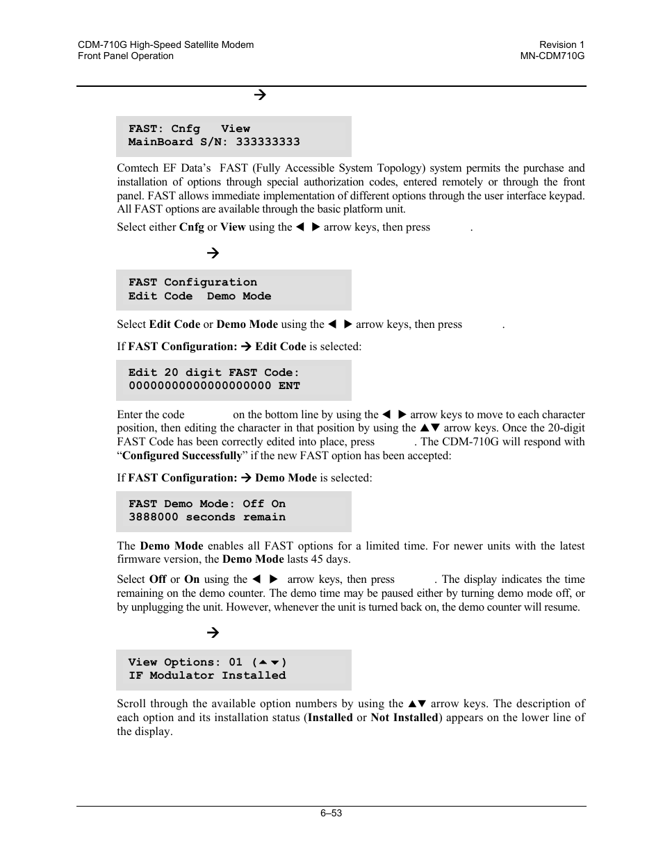 6 (select:) util ( fast, Util:) fast (cnfg (configuration), Util:) fast ( view | 6 (utility:) | Comtech EF Data CDM-710G User Manual | Page 129 / 246