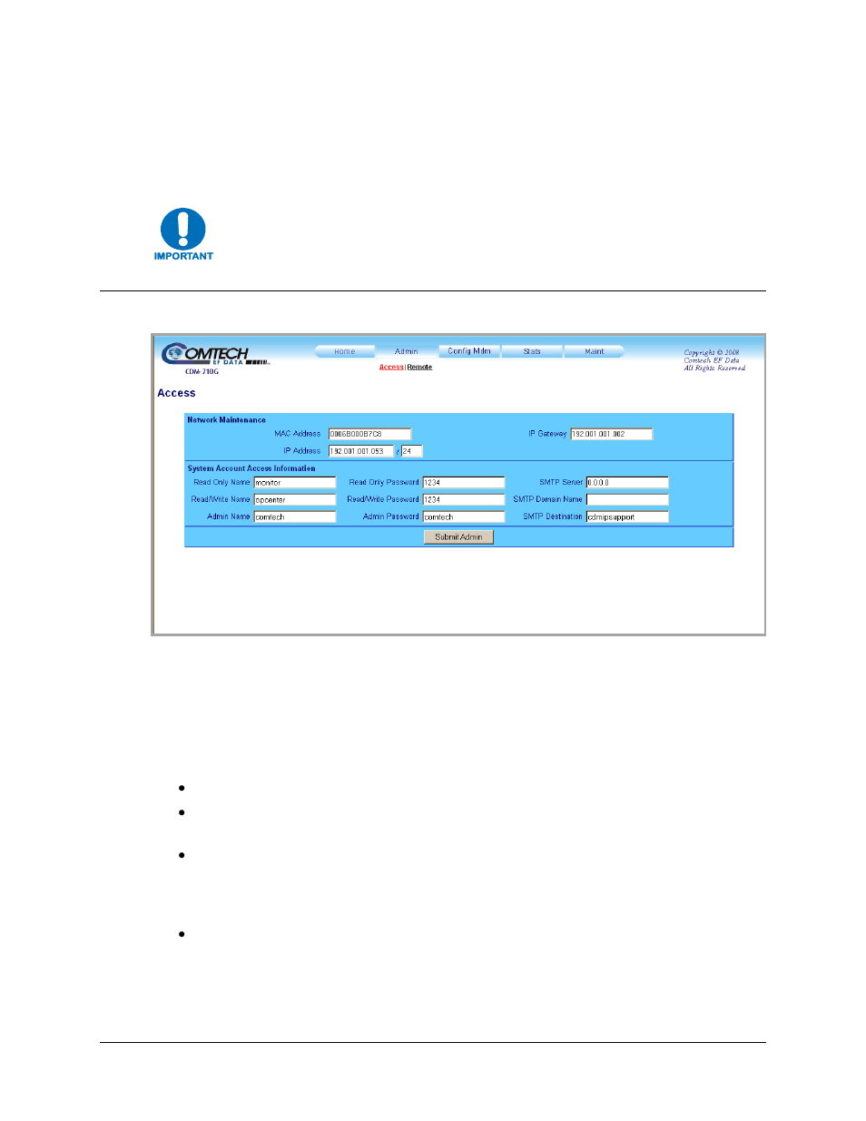 Admin | access, 2 admin pages, 1 admin | access | Comtech EF Data CDM-710G User Manual | Page 137 / 246