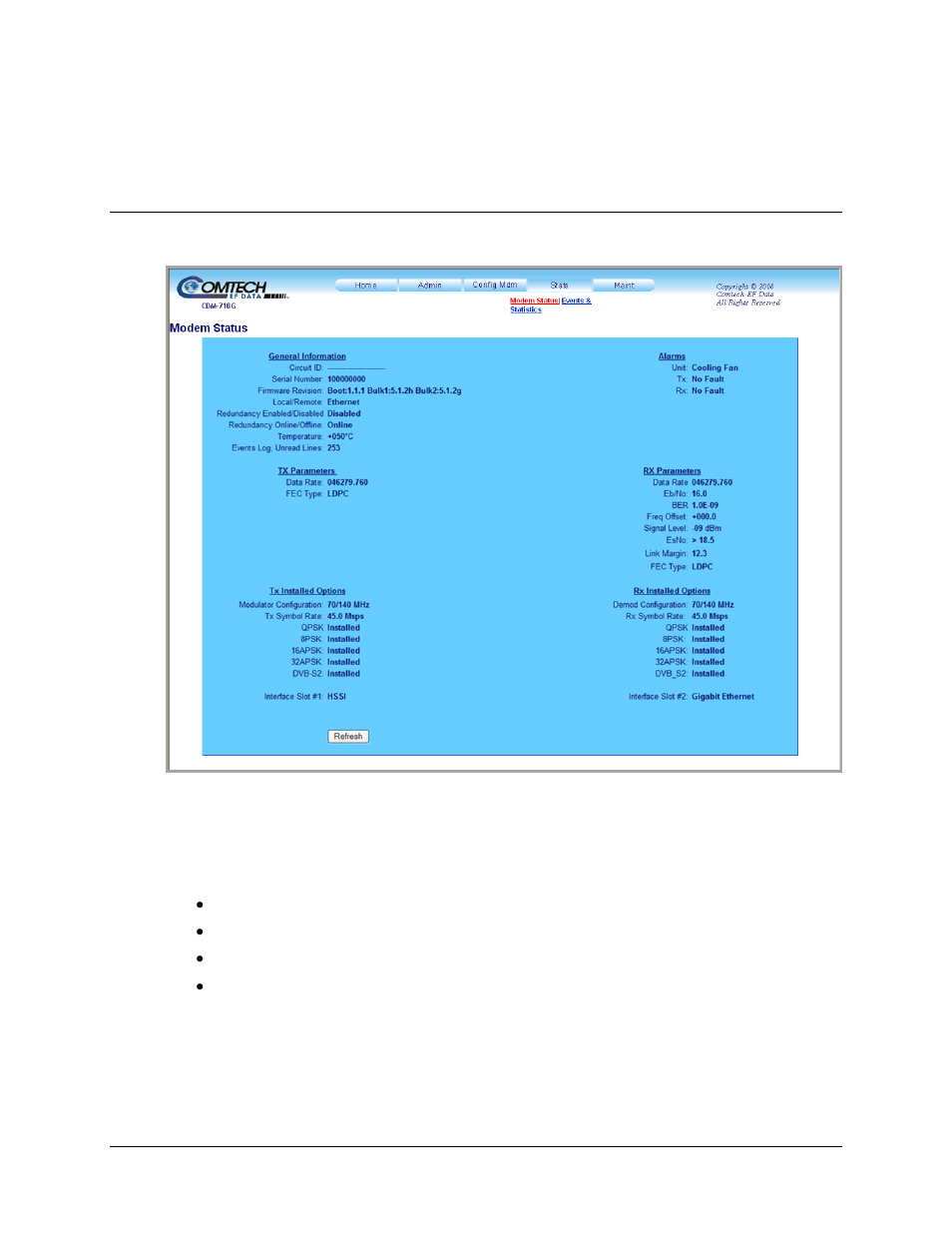 1 stats | modem status, 4 stats (statistics) pages | Comtech EF Data CDM-710G User Manual | Page 144 / 246