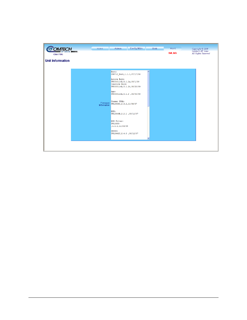 5 maint | unit info page | Comtech EF Data CDM-710G User Manual | Page 146 / 246