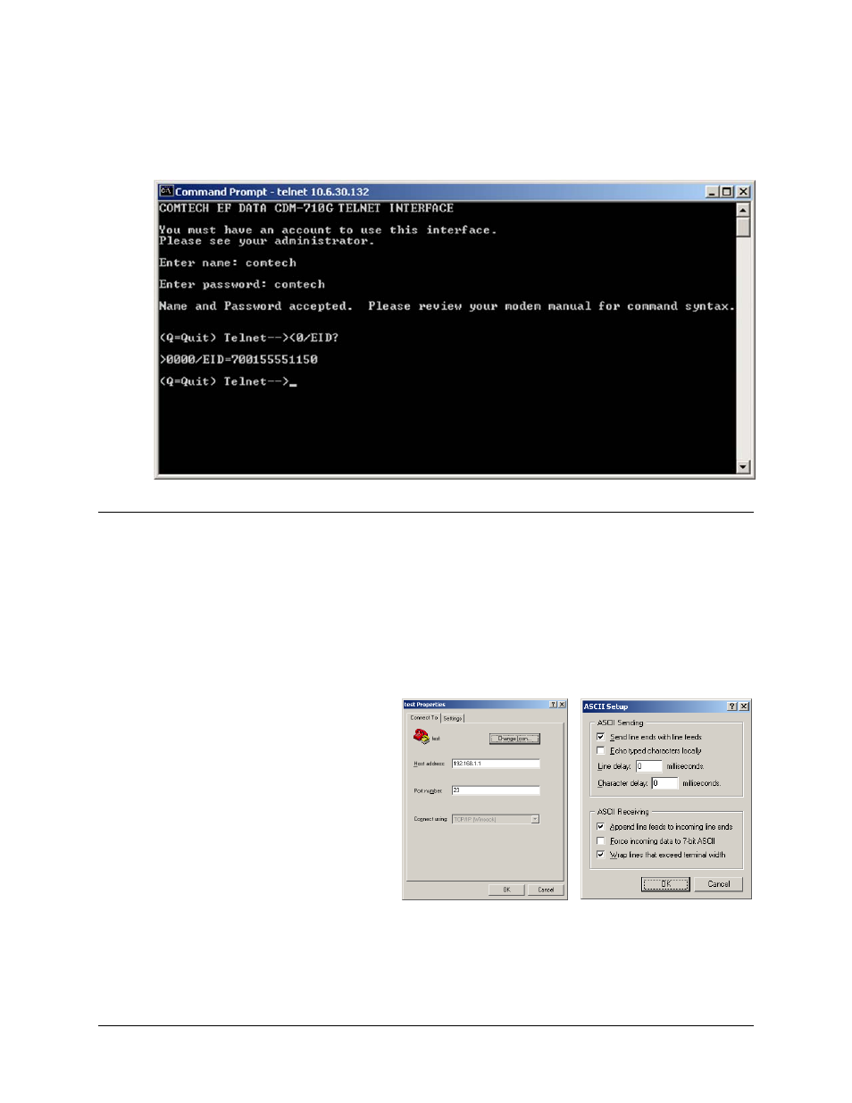 2 caution using windows telnet client | Comtech EF Data CDM-710G User Manual | Page 152 / 246