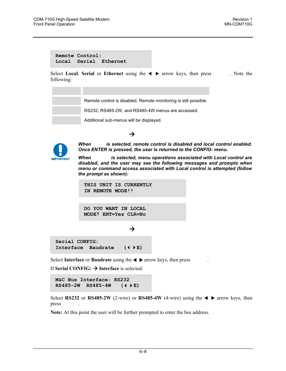 1 (config:) remote control, Config:) remote control ( local, Config:) remote control ( serial | Config:) remote control æ local, Config:) remote control æ serial | Comtech EF Data CDM-710G User Manual | Page 84 / 246
