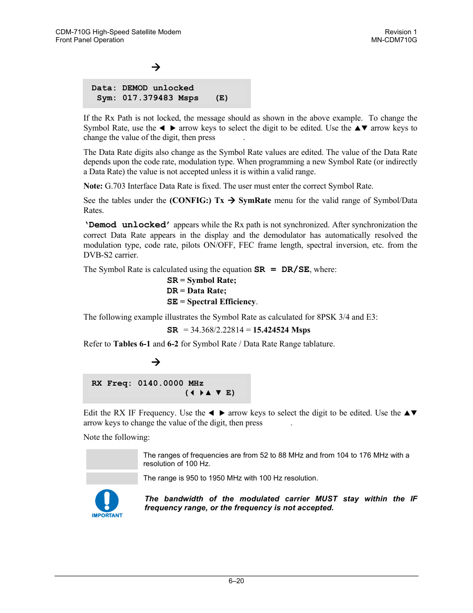 Config:) rx ( symrate, Config:) rx ( freq, Config:) rx æ symrate | Config:) rx æ freq | Comtech EF Data CDM-710G User Manual | Page 96 / 246