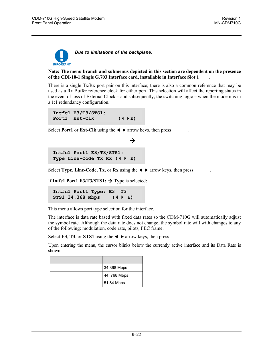 Config:) intfc1 e3/t3/sts1 ( port1 | Comtech EF Data CDM-710G User Manual | Page 98 / 246