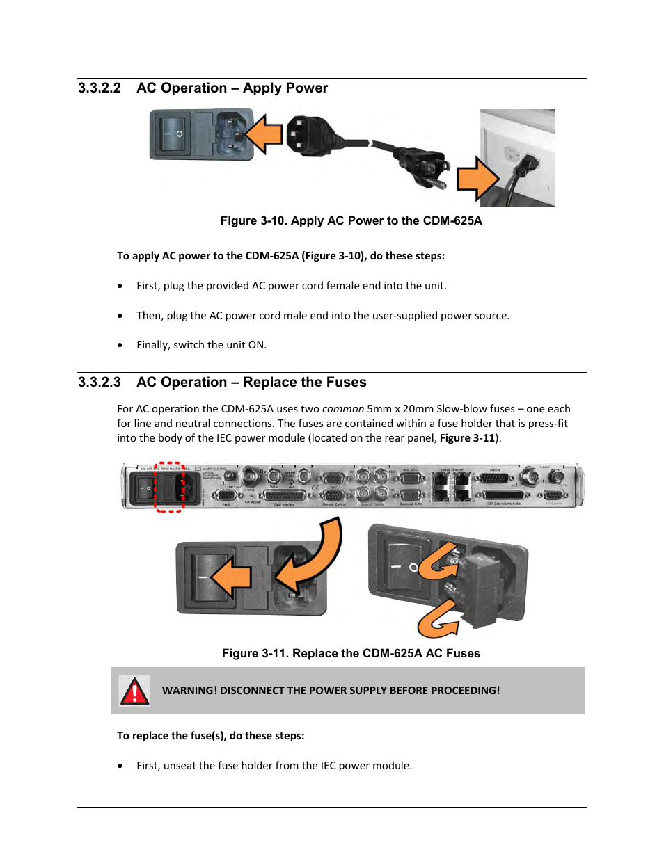 2 ac operation – apply power, 3 ac operation – replace the fuses | Comtech EF Data CDM-625A User Manual | Page 103 / 756