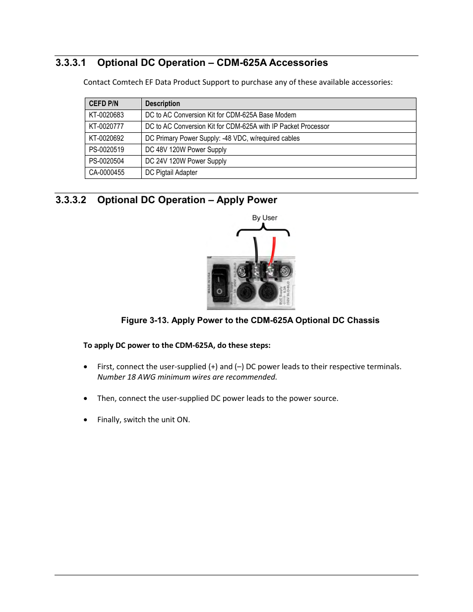 1 optional dc operation – cdm-625a accessories, 2 optional dc operation – apply power | Comtech EF Data CDM-625A User Manual | Page 105 / 756