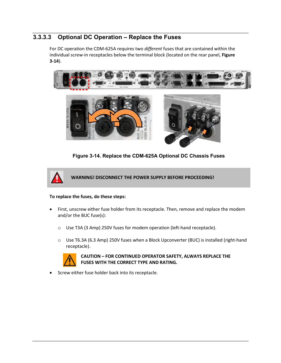 3 optional dc operation – replace the fuses | Comtech EF Data CDM-625A User Manual | Page 106 / 756