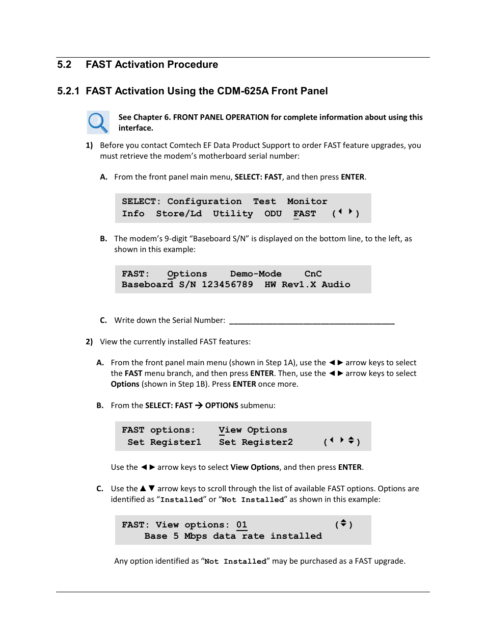 2 fast activation procedure, 1 fast activation using the cdm-625a front panel | Comtech EF Data CDM-625A User Manual | Page 122 / 756