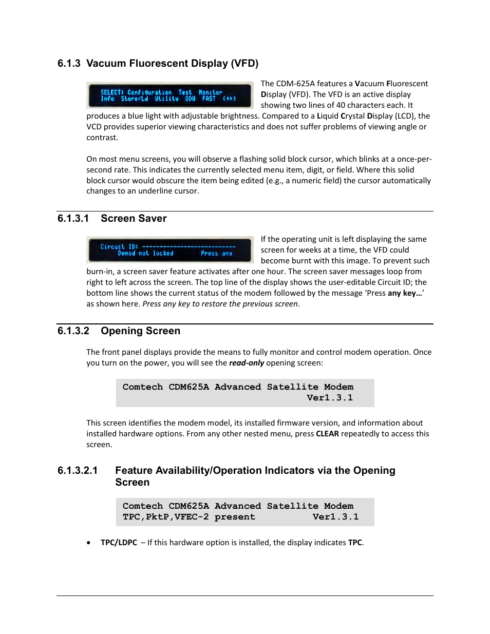 3 vacuum fluorescent display (vfd), 1 screen saver, 2 opening screen | Comtech EF Data CDM-625A User Manual | Page 130 / 756