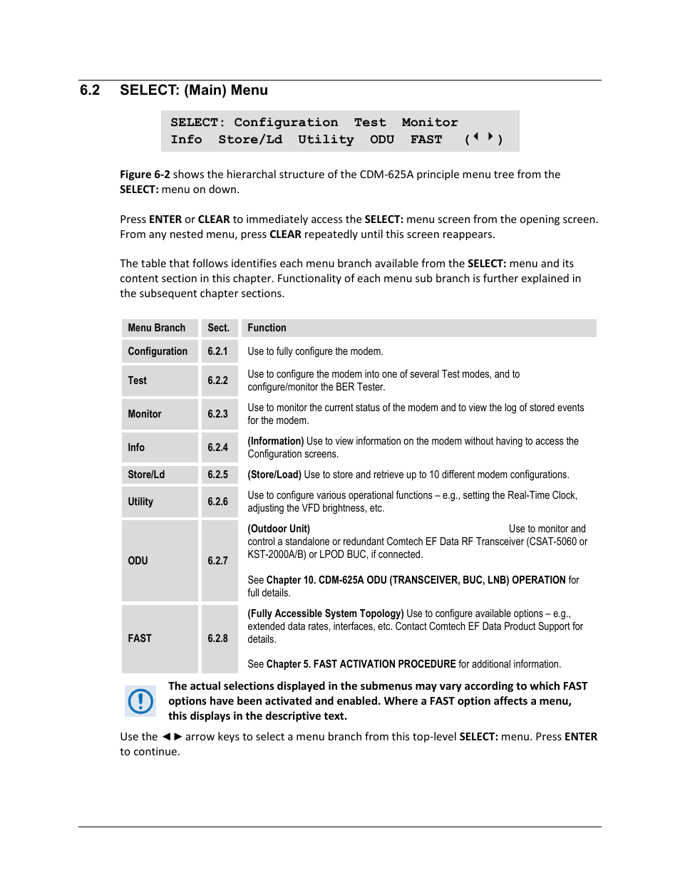 2 select: (main) menu | Comtech EF Data CDM-625A User Manual | Page 132 / 756