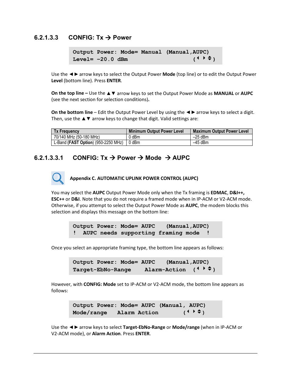 3 config: tx ( power, 1 config: tx ( power ( mode ( aupc | Comtech EF Data CDM-625A User Manual | Page 140 / 756