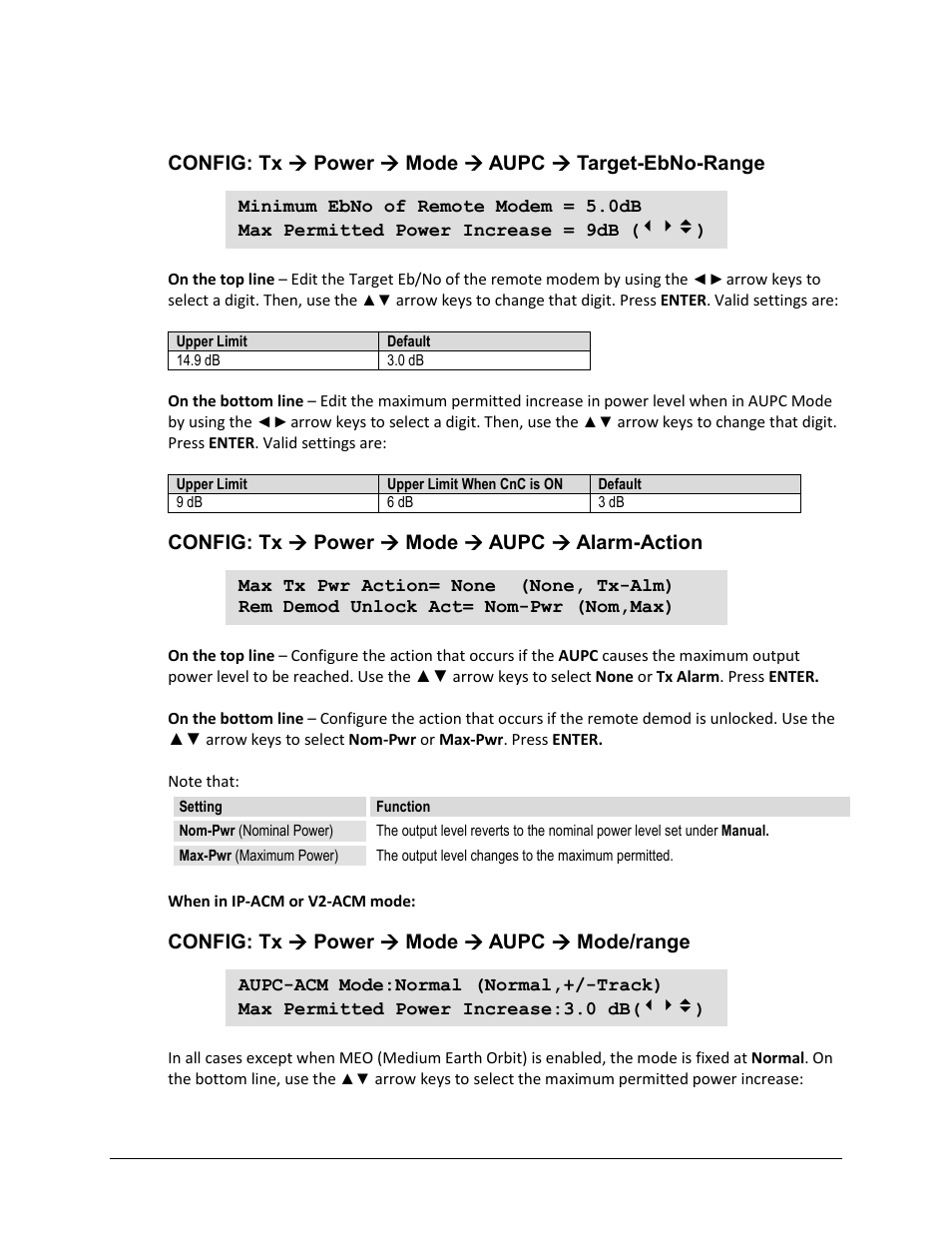 Config: tx  power  mode  aupc  alarm-action, Config: tx  power  mode  aupc  mode/range | Comtech EF Data CDM-625A User Manual | Page 141 / 756