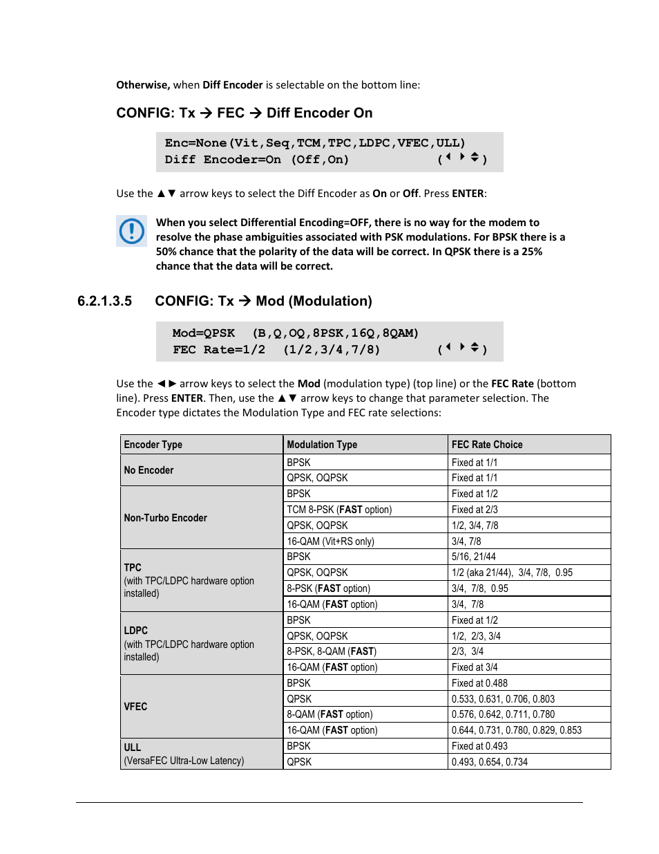 5 config: tx ( mod (modulation), Config: tx  fec  diff encoder on, 5 config: tx  mod (modulation) | Comtech EF Data CDM-625A User Manual | Page 144 / 756
