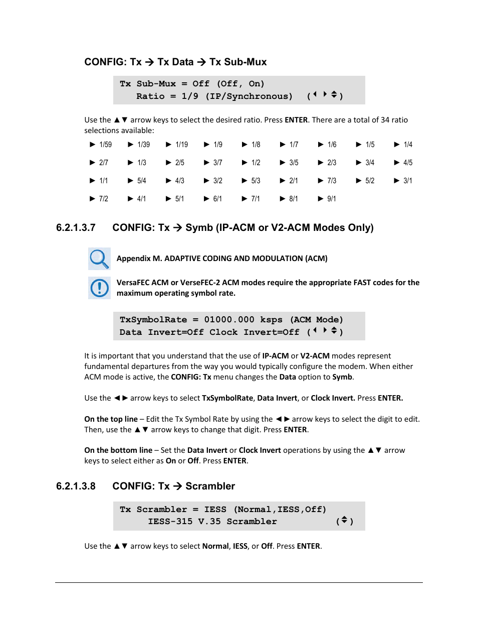 7 config: tx ( symb (ip-acm or v2-acm modes only), 8 config: tx ( scrambler, Config: tx  tx data  tx sub-mux | 7 config: tx  symb (ip-acm or v2-acm modes only), 8 config: tx  scrambler | Comtech EF Data CDM-625A User Manual | Page 147 / 756