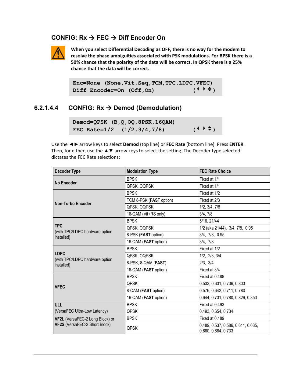 4 config: rx ( demod (demodulation), Config: rx  fec  diff encoder on, 4 config: rx  demod (demodulation) | Comtech EF Data CDM-625A User Manual | Page 152 / 756