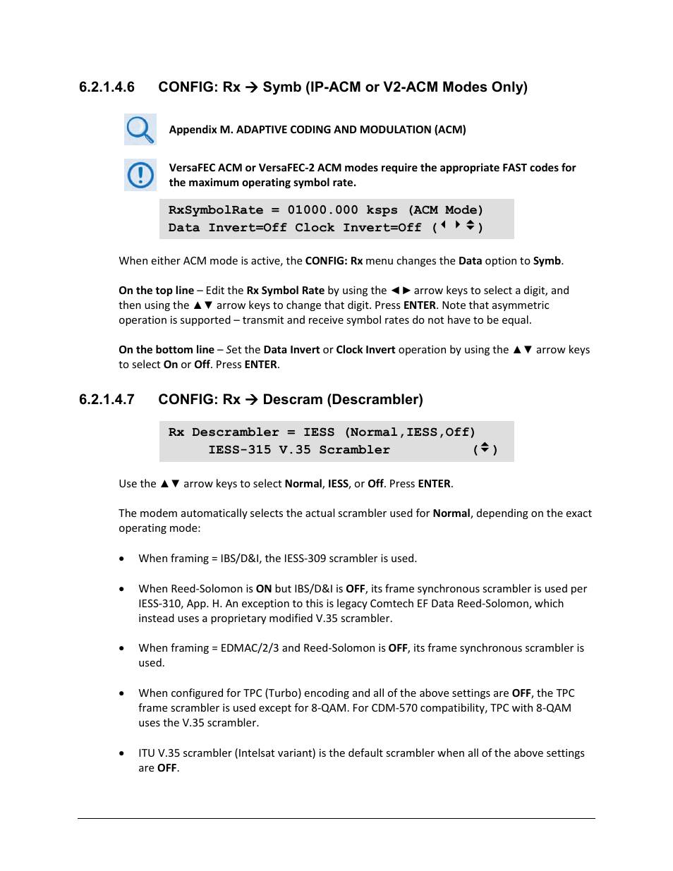 6 config: rx ( symb (ip-acm or v2-acm modes only), 7 config: rx ( descram (descrambler) | Comtech EF Data CDM-625A User Manual | Page 155 / 756