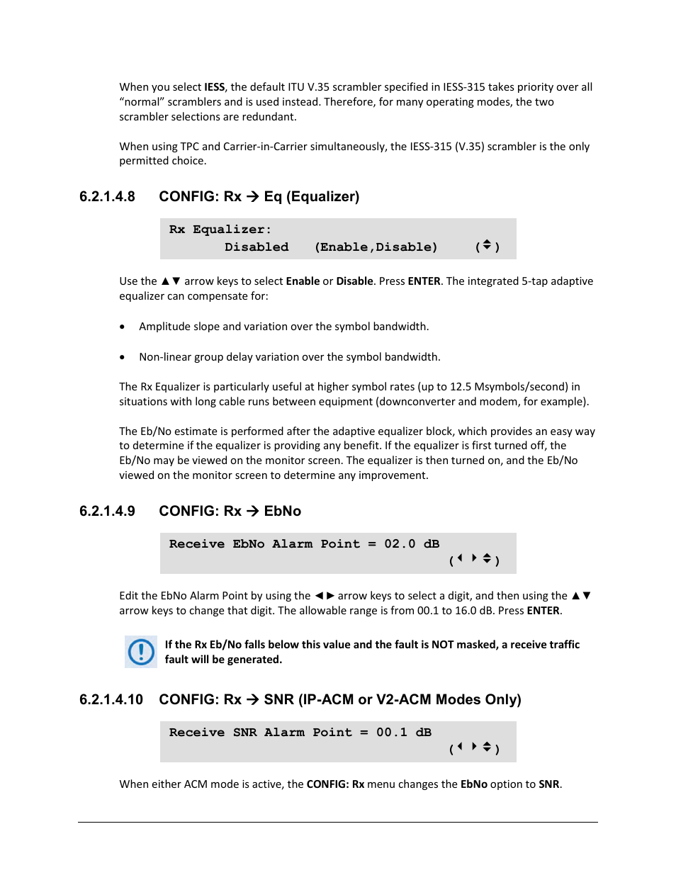 8 config: rx ( eq (equalizer), 9 config: rx ( ebno, 10 config: rx ( snr (ip-acm or v2-acm modes only) | Comtech EF Data CDM-625A User Manual | Page 156 / 756